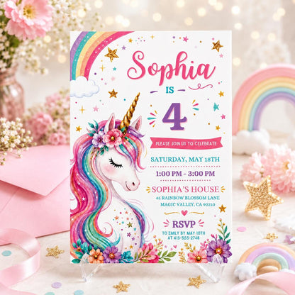 Floral Unicorn 4th Birthday Invitation with Gold Horn — invitation you personalize in Canva