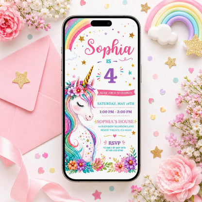 Floral Unicorn 4th Birthday Invitation with Gold Horn — space design