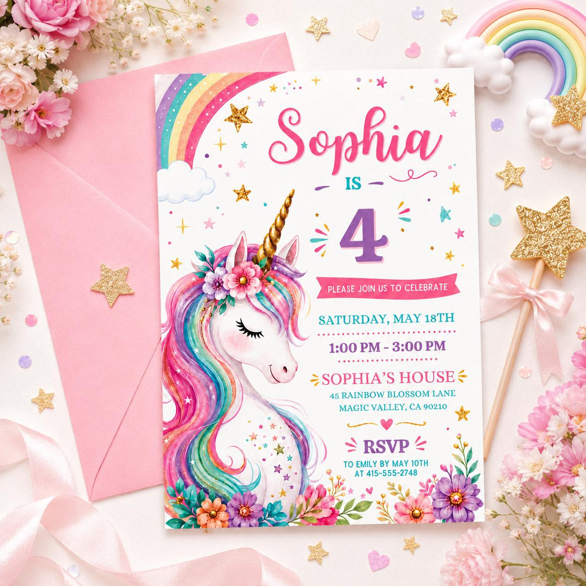 Floral Unicorn 4th Birthday Invitation with Gold Horn — space artwork in pink and purple