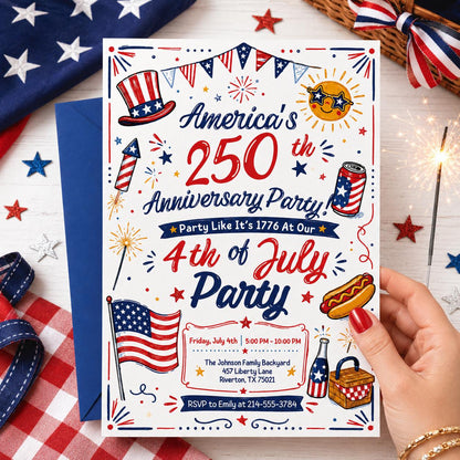 America 250th Anniversary Invitation Template, 4th of July Party Invitation, USA Patriotic Red White Blue BBQ Invite Editable Canva Invite __etsy:8026163316