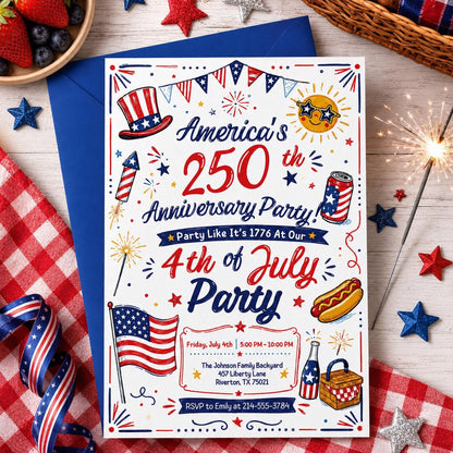 America 250 Fourth of July Doodle Invitation — hand drawn Fourth of July party design