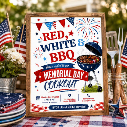 Red White and BBQ Memorial Day Cookout Invitation — invitation you personalize in Canva