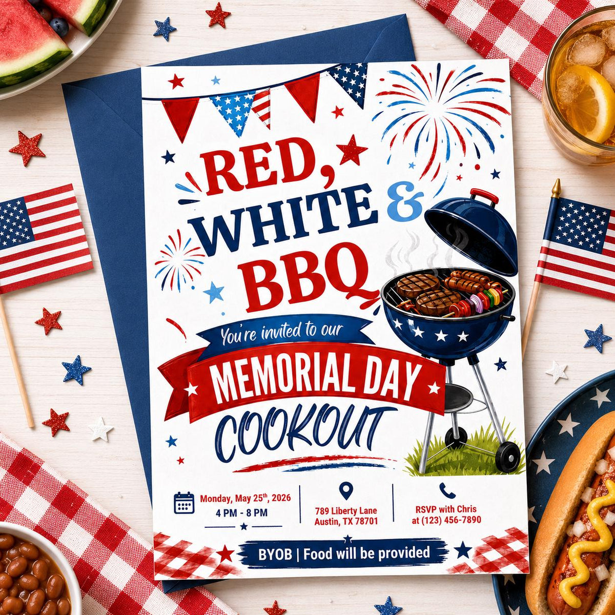 Red White and BBQ Memorial Day Cookout Invitation — patriotic design