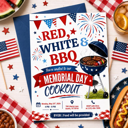 Red White and BBQ Memorial Day Cookout Invitation — patriotic design