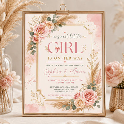 A Sweet Baby Girl is on Her Way Baby Shower Invitation — floral baby shower design