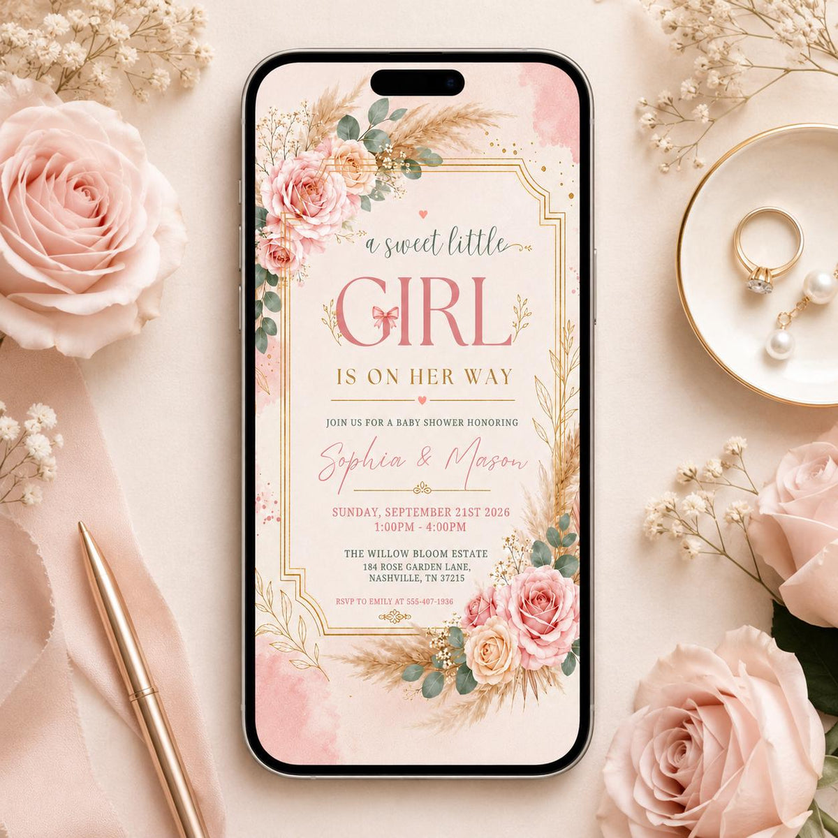 A Sweet Baby Girl is on Her Way Baby Shower Invitation — clothes and floral design