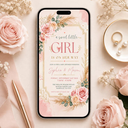 A Sweet Baby Girl is on Her Way Baby Shower Invitation — clothes and floral design