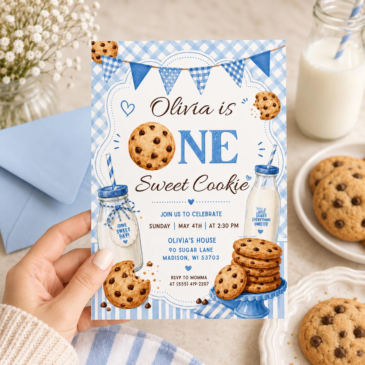 One Sweet Cookie, Milk And Cookies First Birthday Invitation, One Sweet Cookie Birthday Party 1st Invite, Boy 1st Birthday, Canva Template __etsy:8026291476