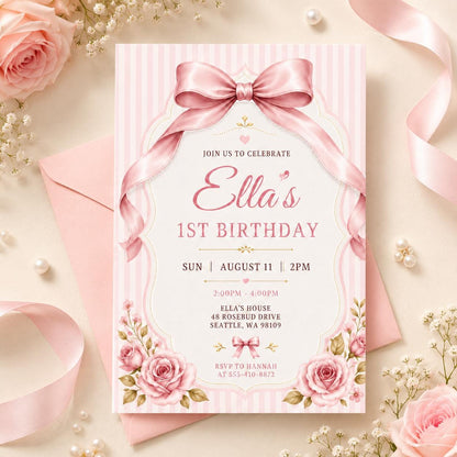 Pink Satin Bow First Birthday Invitation — rose artwork in cream