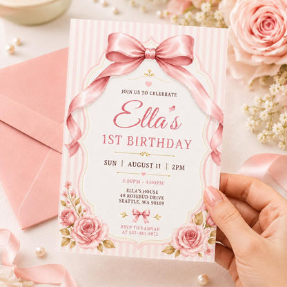 Pink Satin Bow First Birthday Invitation — rose design