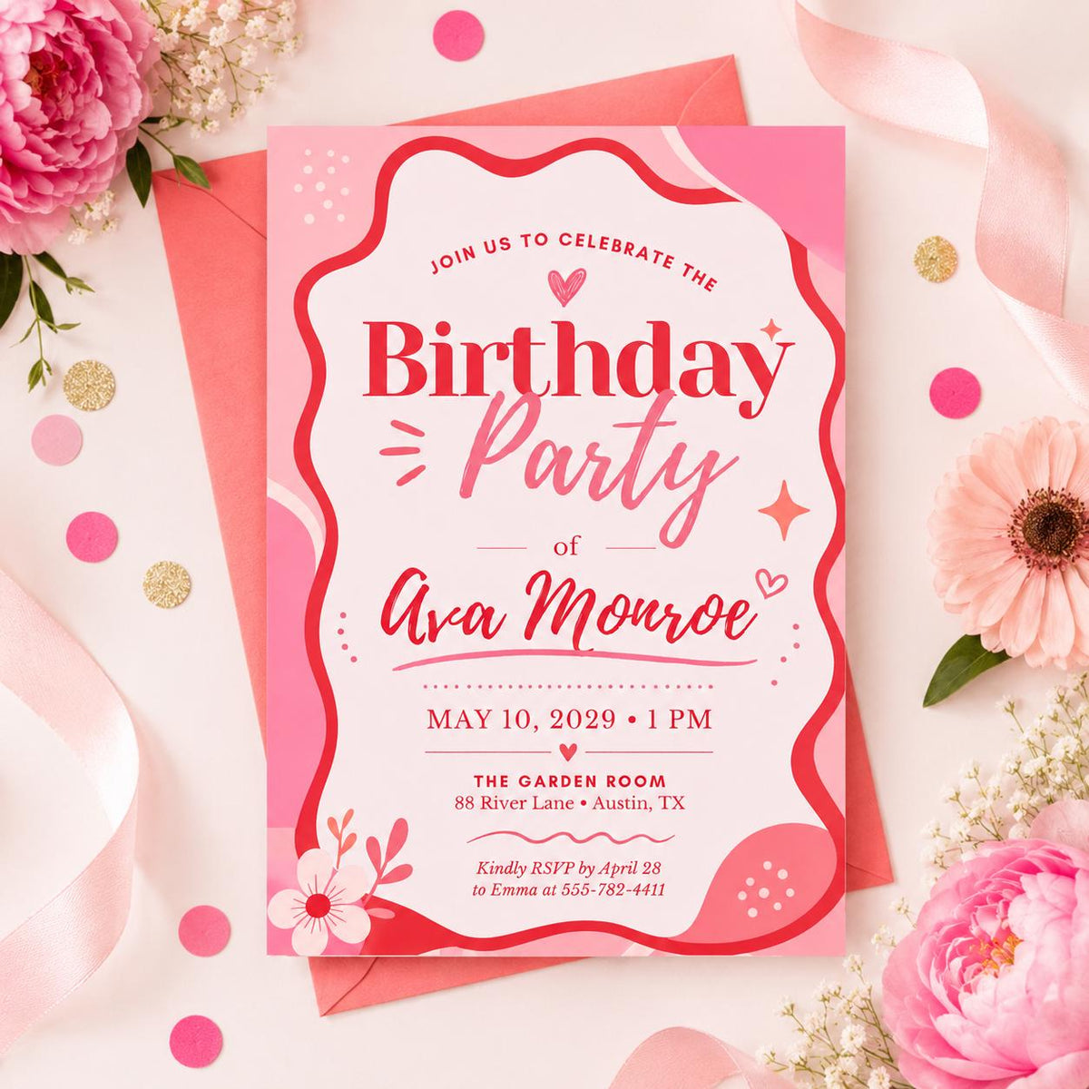 Coquette Glitter Pink Birthday Invitation for Girls — digital invitation, instant download