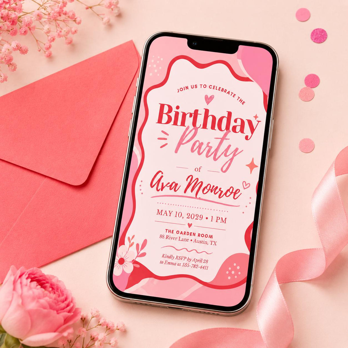 Coquette Glitter Pink Birthday Invitation for Girls — print-ready birthday party design from VoltBy