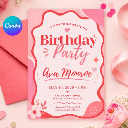 Coquette Glitter Pink Birthday Invitation for Girls — editable Canva template