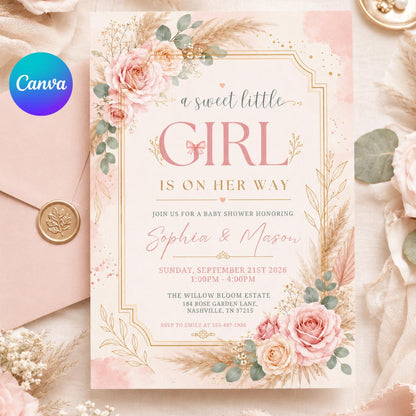 A Sweet Baby Girl is on Her Way Baby Shower Invitation — editable Canva template