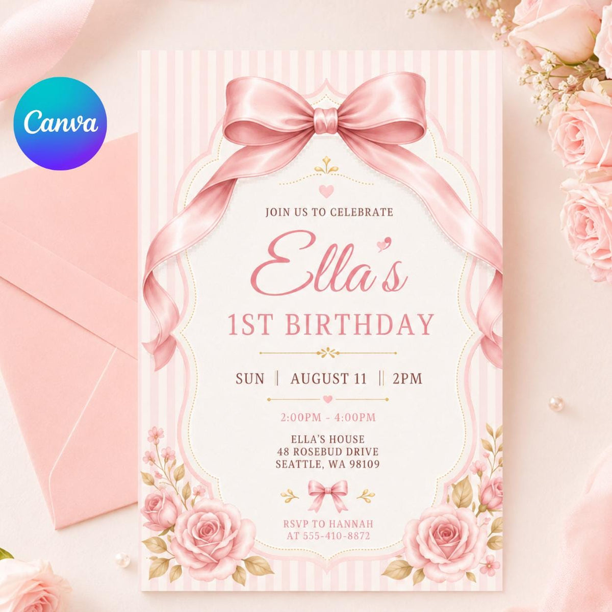 Pink Satin Bow First Birthday Invitation — editable Canva template