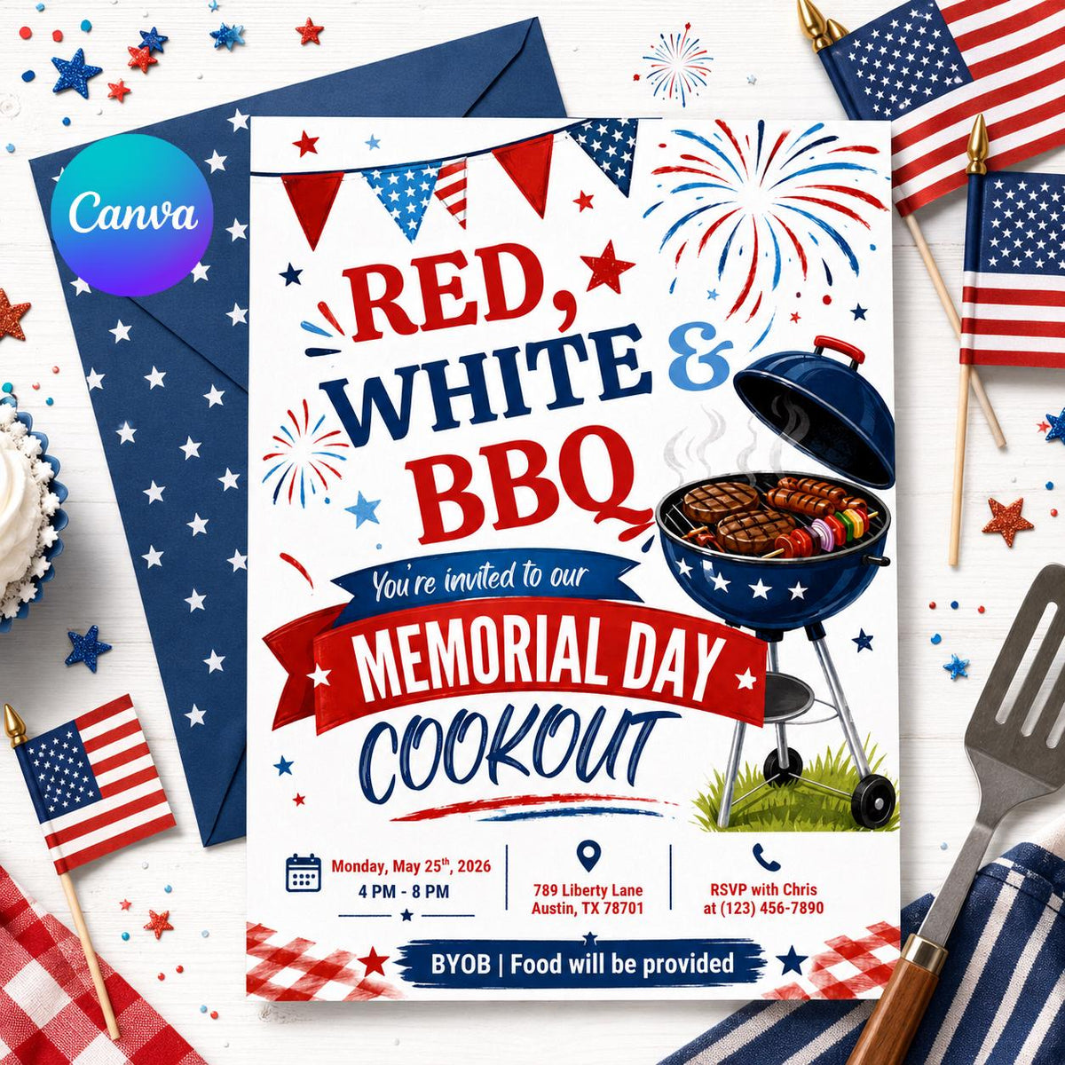 Red White and BBQ Memorial Day Cookout Invitation — editable Canva template
