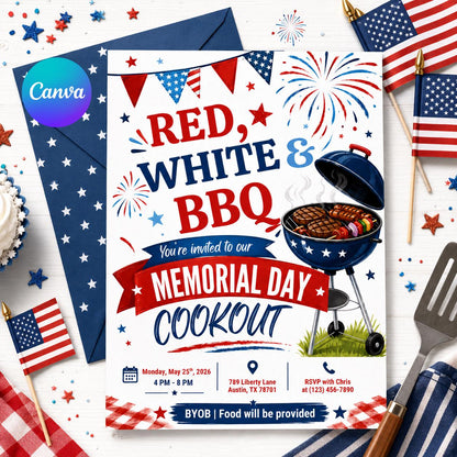 Red White and BBQ Memorial Day Cookout Invitation — editable Canva template