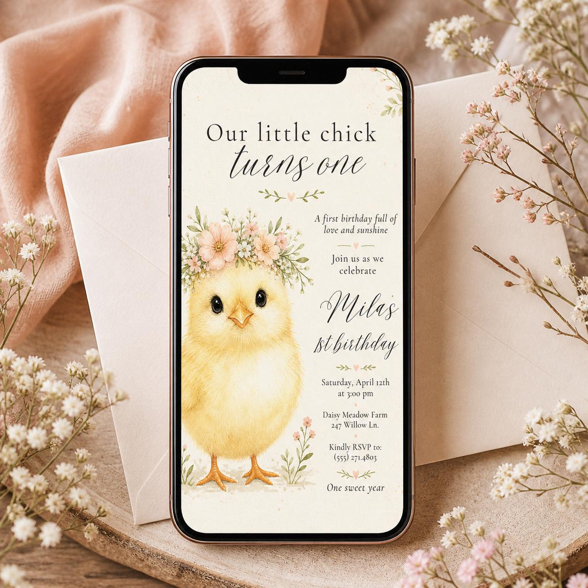 Little Chick First Birthday Invitation with Floral Crown — print-ready first birthday design from VoltBy