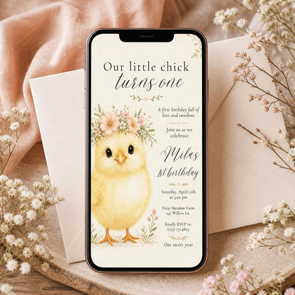 Little Chick First Birthday Invitation with Floral Crown — print-ready first birthday design from VoltBy