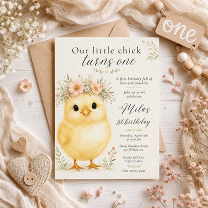 Little Chick First Birthday Invitation with Floral Crown in cream and pink