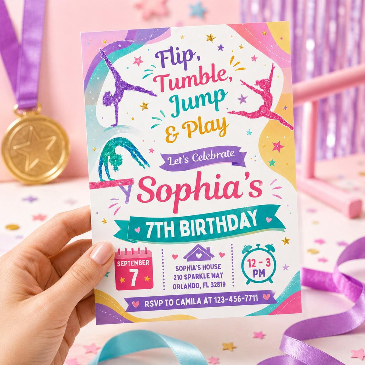 Flip Tumble Jump and Play Gymnastics 7th Birthday Invitation — digital invitation, instant download