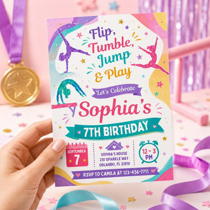 Flip Tumble Jump and Play Gymnastics 7th Birthday Invitation — digital invitation, instant download