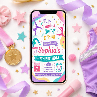 Flip Tumble Jump and Play Gymnastics 7th Birthday Invitation — 7th birthday party stationery by VoltBy