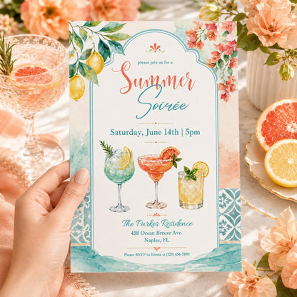 Sunset Soirée Summer Party Invitation, Summer Soiree Party Invite, Hand Drawn Summer Cocktail Drinks Party Invitation, Editable Canva __etsy:8026993994