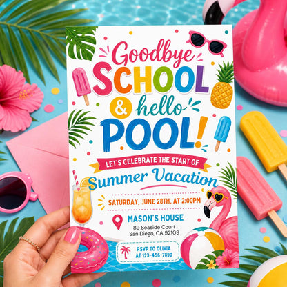 Goodbye School, Hello Pool Invitation with Flamingo Float — leaf design