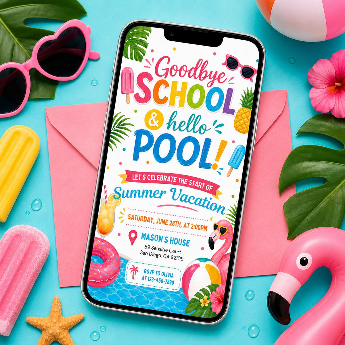 Goodbye School, Hello Pool Invitation with Flamingo Float — invitation you personalize in Canva