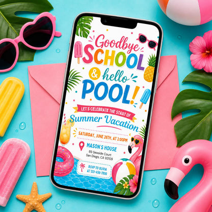 Goodbye School, Hello Pool Invitation with Flamingo Float — invitation you personalize in Canva