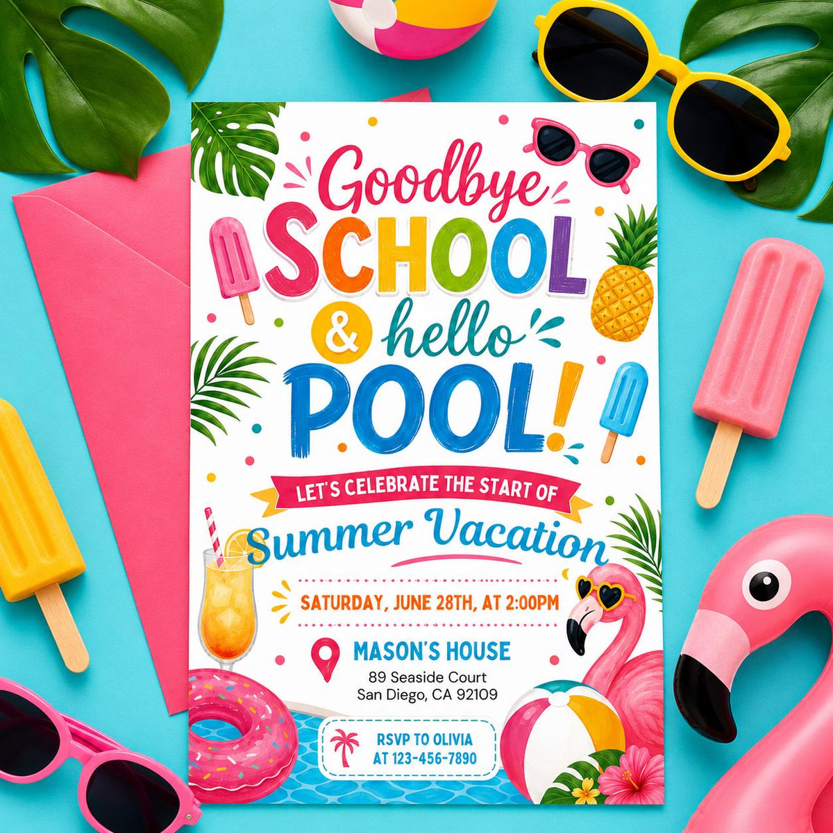 Goodbye School, Hello Pool Invitation with Flamingo Float — leaf artwork in pink and teal
