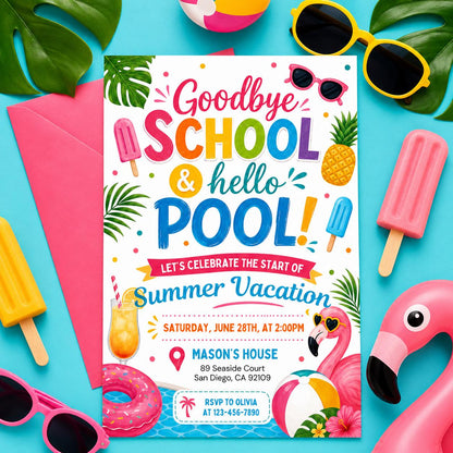 Goodbye School, Hello Pool Invitation with Flamingo Float — leaf artwork in pink and teal