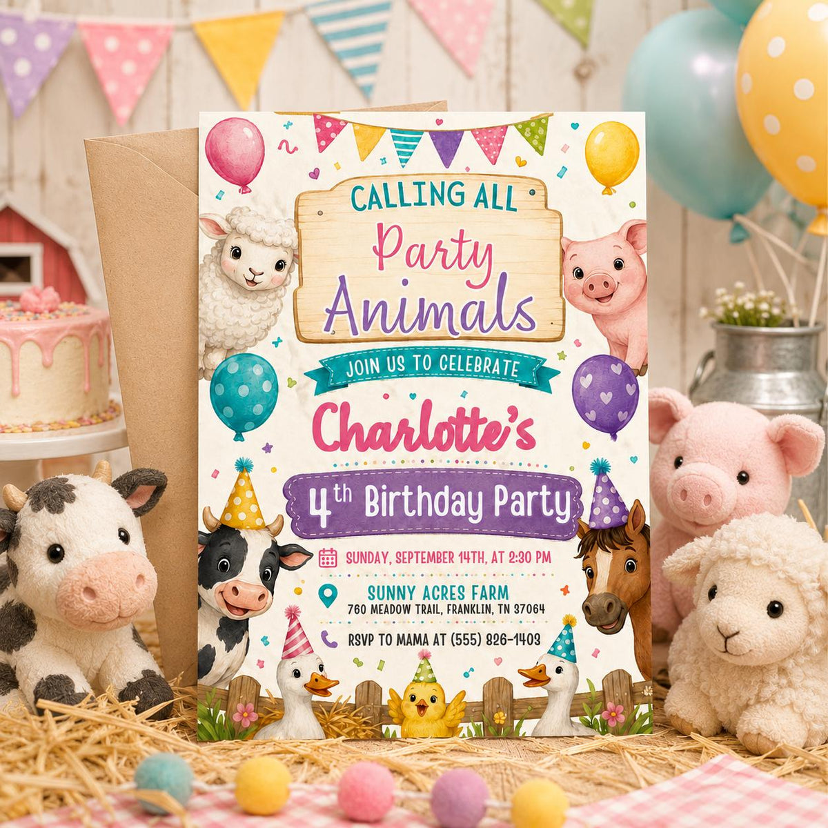 Pastel Farm Party Animals 4th Birthday Invitation — balloon design