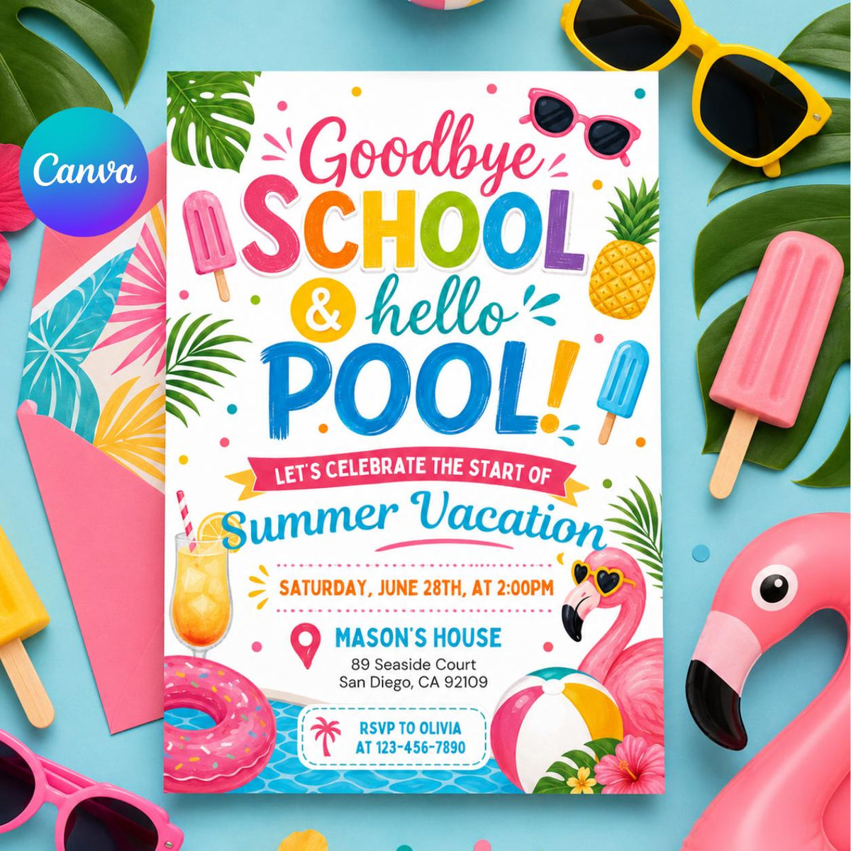 Goodbye School, Hello Pool Invitation with Flamingo Float — editable Canva template