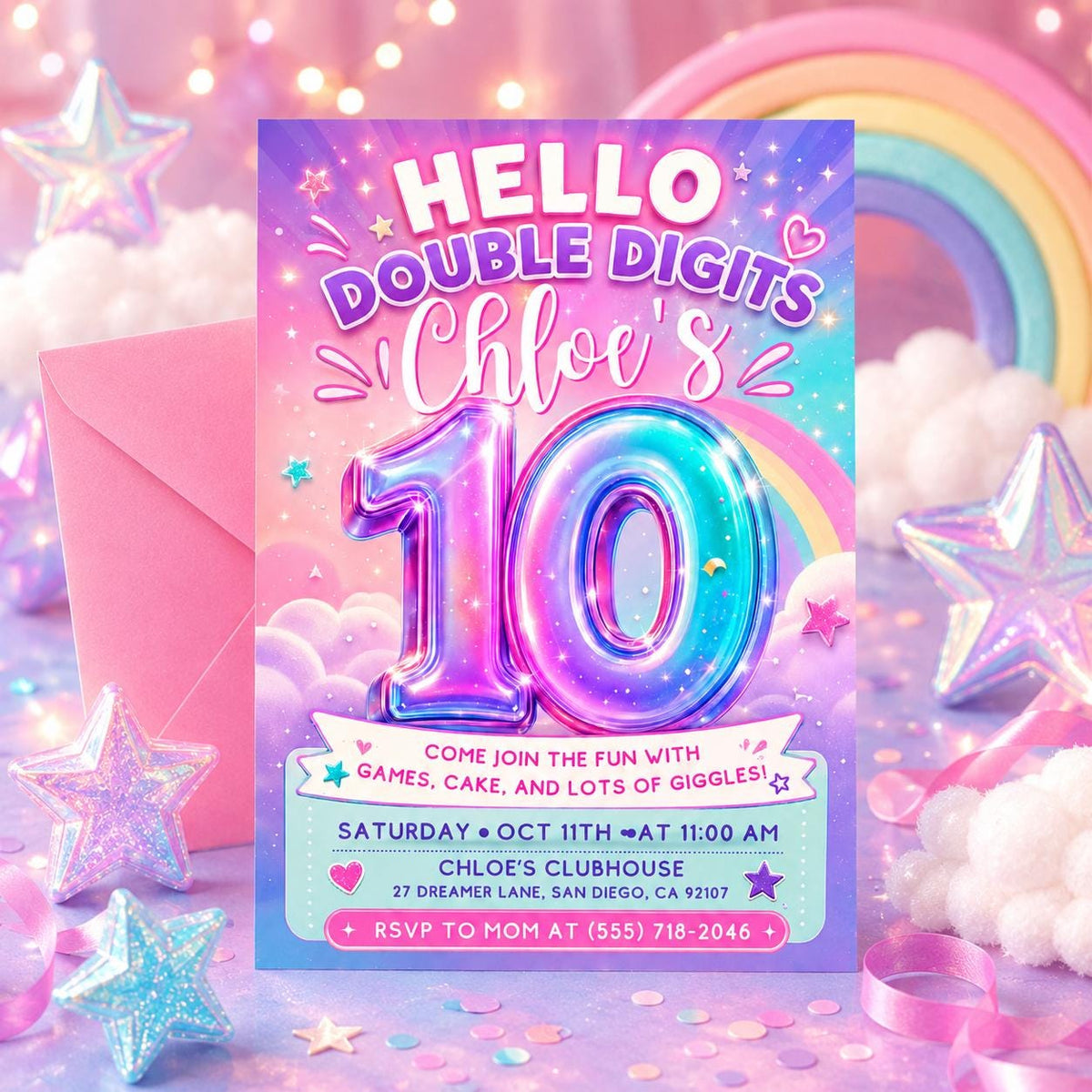 Hello Double Digits 10th Birthday Invitation with Iridescent Number — pastel 10th birthday party design