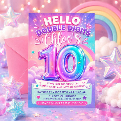 Hello Double Digits 10th Birthday Invitation with Iridescent Number — pastel 10th birthday party design