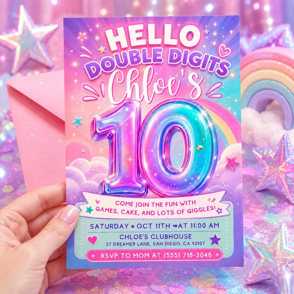 Hello Double Digits 10th Birthday Invitation with Iridescent Number — print-ready 10th birthday party design from VoltBy