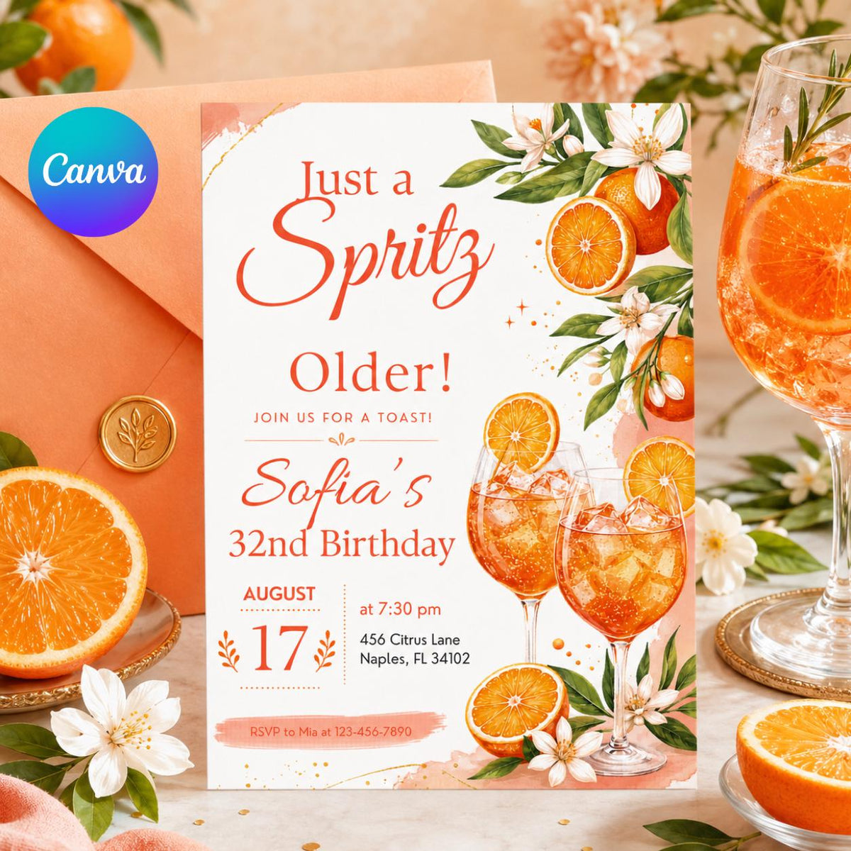 Just a Spritz Older 32nd Birthday Invitation — editable Canva template