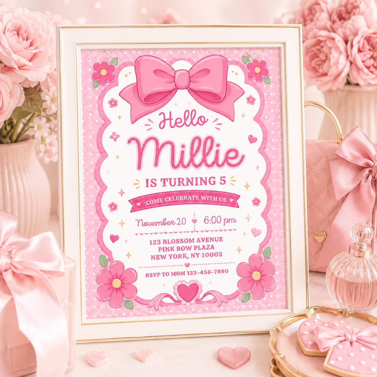 Pink Bow and Daisy 5th Birthday Invitation — invitation you personalize in Canva