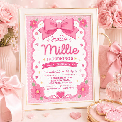 Pink Bow and Daisy 5th Birthday Invitation — invitation you personalize in Canva