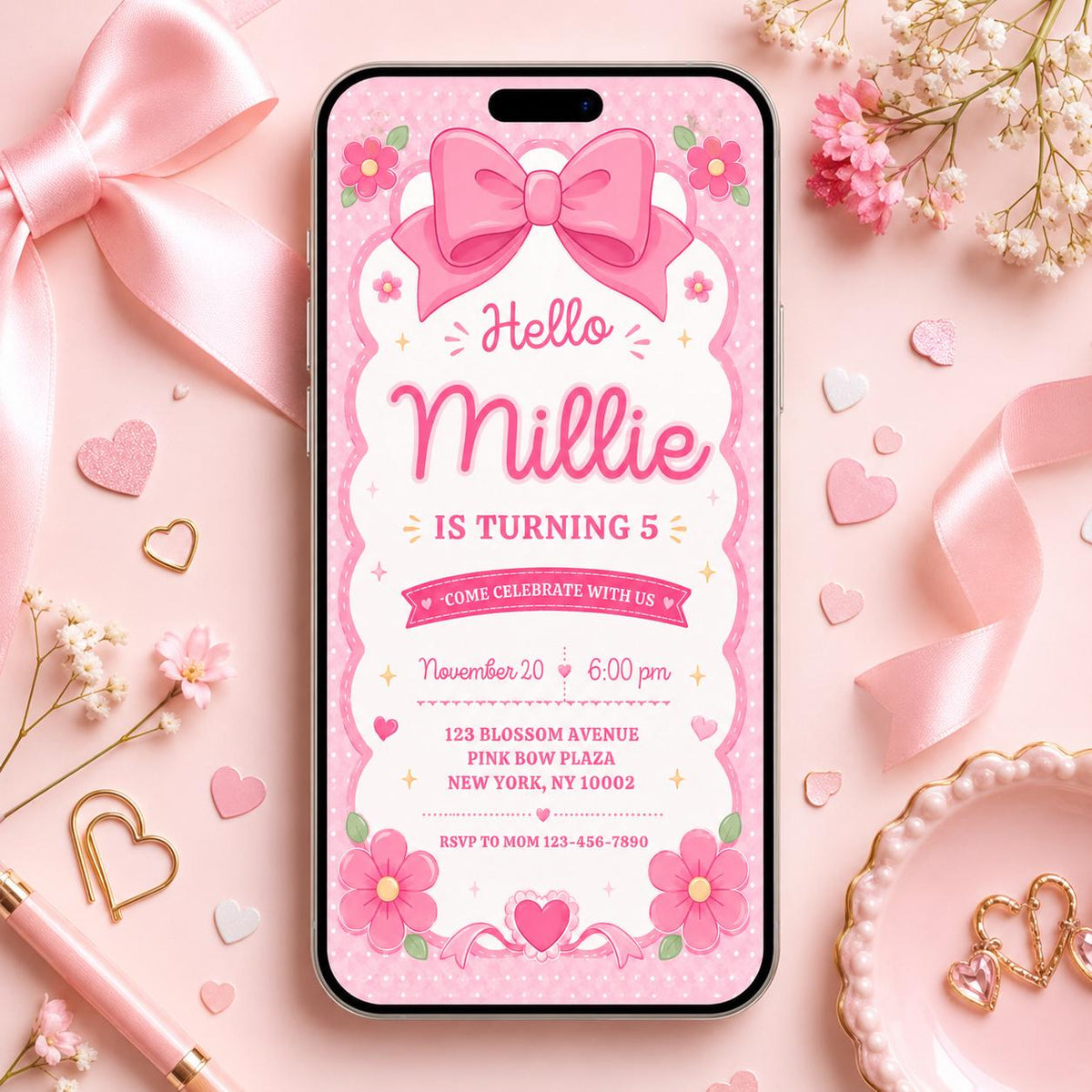Pink Bow and Daisy 5th Birthday Invitation — digital invitation, instant download