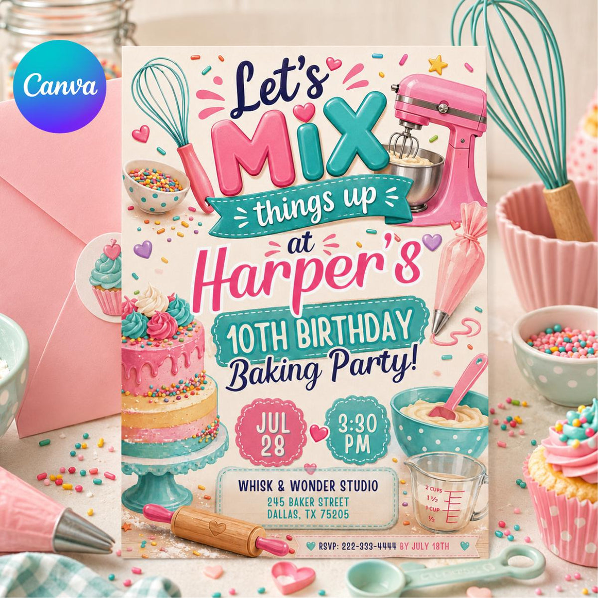 Pastel Baking Birthday Invitation for Girls — editable Canva template