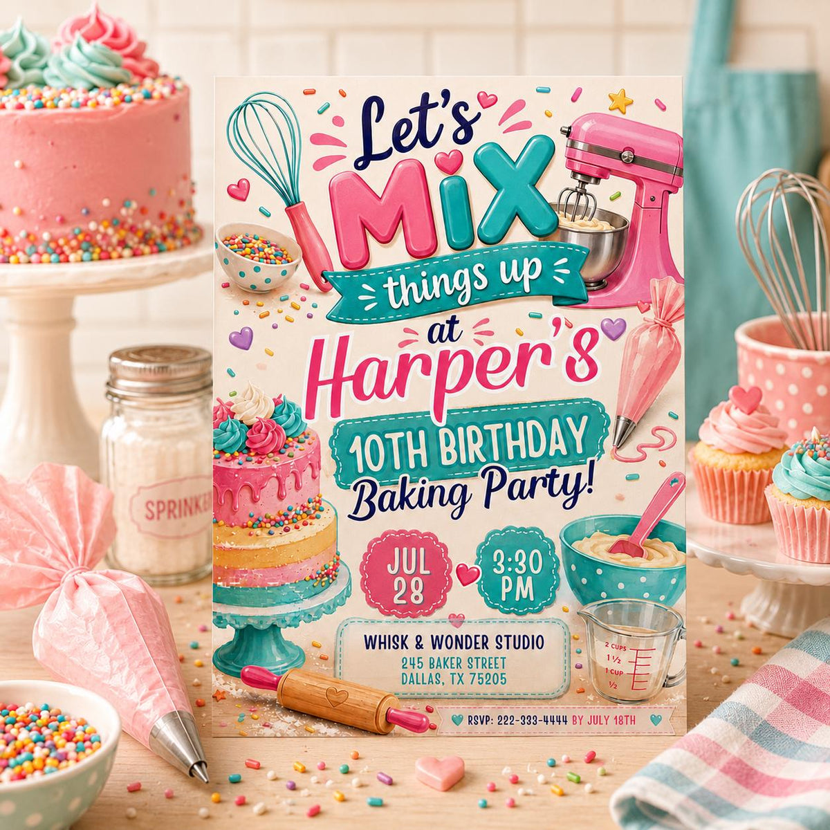 Pastel Baking Birthday Invitation for Girls — digital invitation, instant download