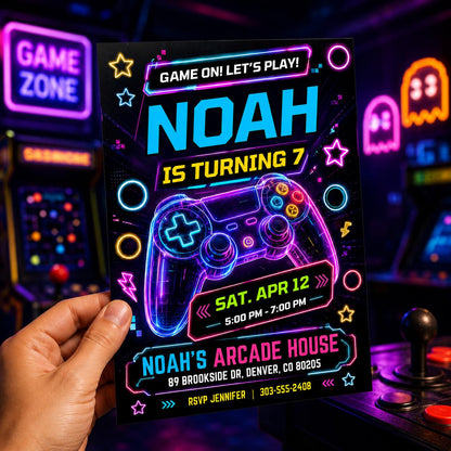 Neon Controller Game On 7th Birthday Invitation — invitation you personalize in Canva