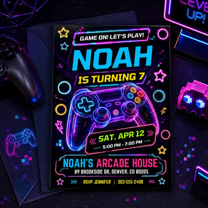 Neon Controller Game On 7th Birthday Invitation — digital invitation, instant download