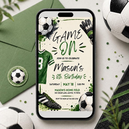Watercolor Soccer Jersey 8th Birthday Invitation — print-ready 8th birthday party design from VoltBy