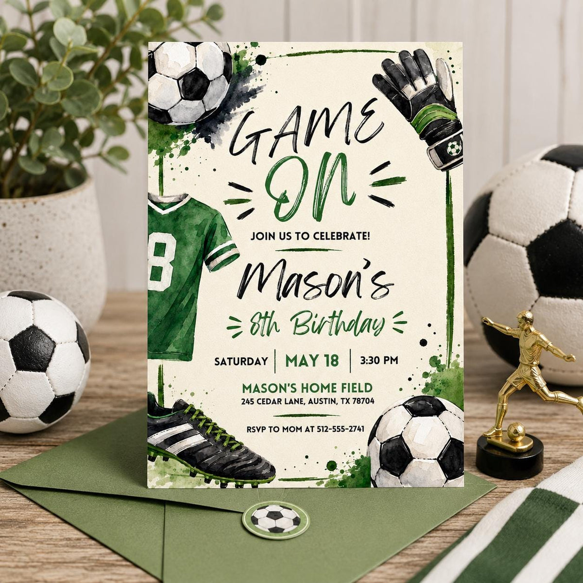 Watercolor Soccer Jersey 8th Birthday Invitation — 8th birthday party stationery by VoltBy