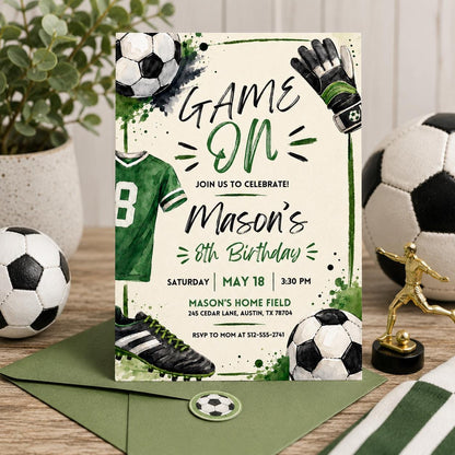 Watercolor Soccer Jersey 8th Birthday Invitation — 8th birthday party stationery by VoltBy