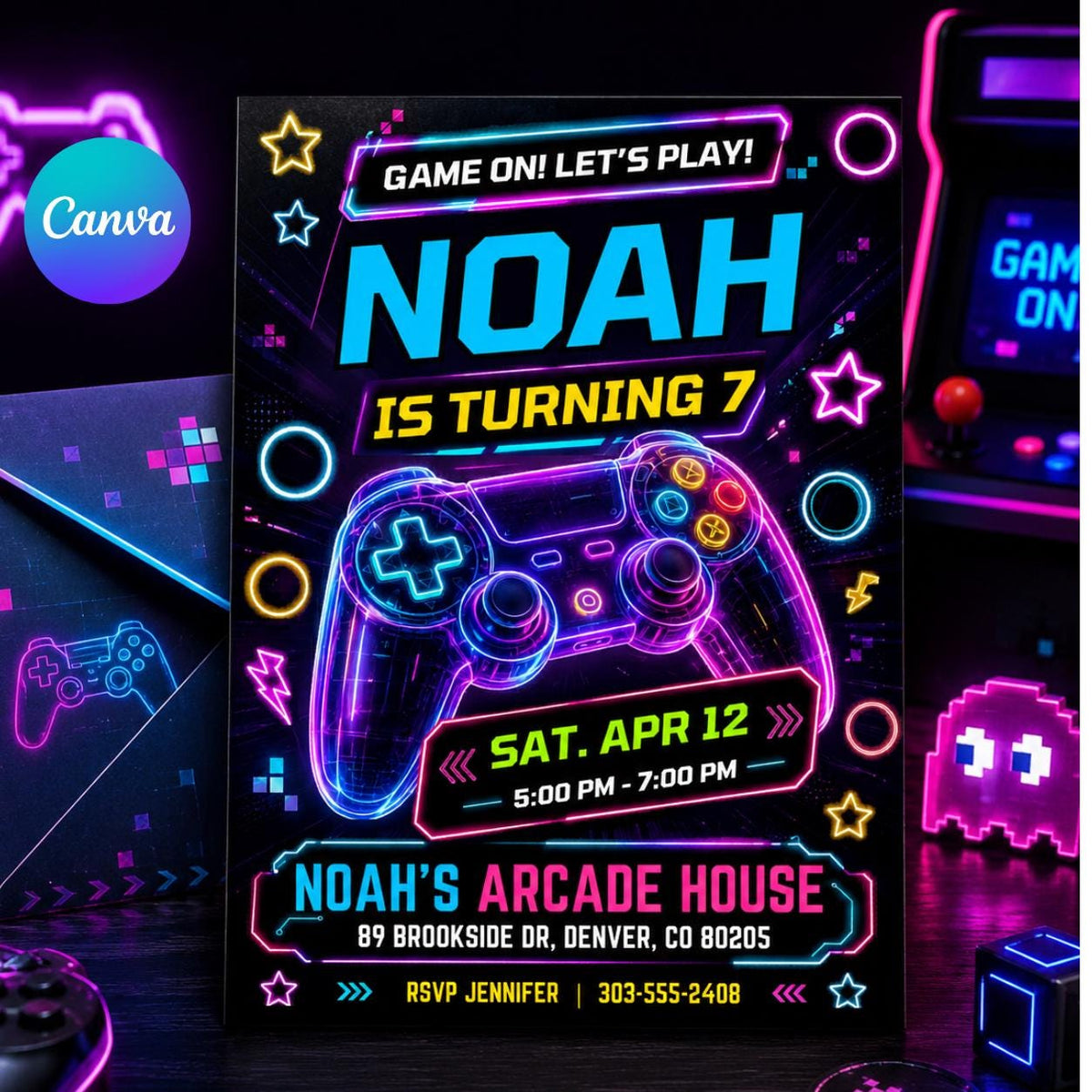 Neon Controller Game On 7th Birthday Invitation — editable Canva template